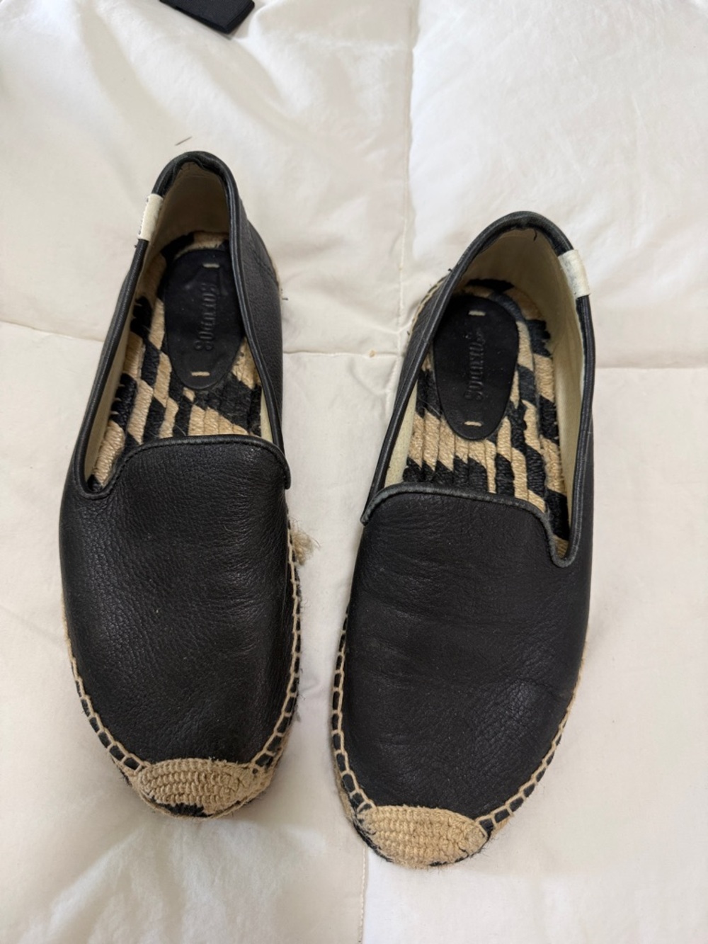 Soludos Black Leather Espadrille Slip-Ons with Woven Toe